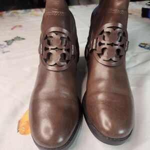 Tory Burch Brown Leather Ankle Booties with Logo Cutout